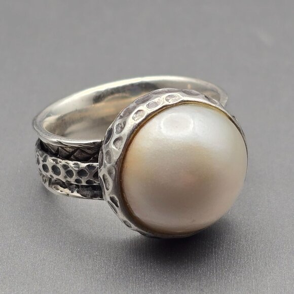 Sterling Silver Cultivated Mabe 14.8mm Pearl Ring Size 9.5 Textured Fidget 11g - Picture 8 of 11
